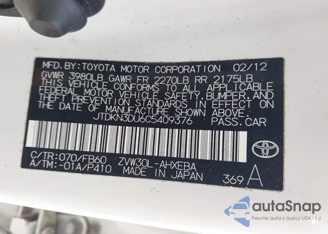 2012 Toyota Prius from USA, damaged, VIN JTDKN3DU6C5409376